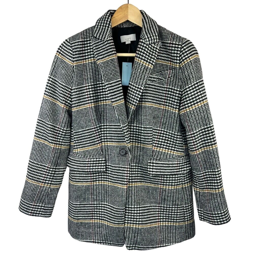 Loft Black White Houndstooth Blazer Jacket Sz 6p Wool Blend Coat